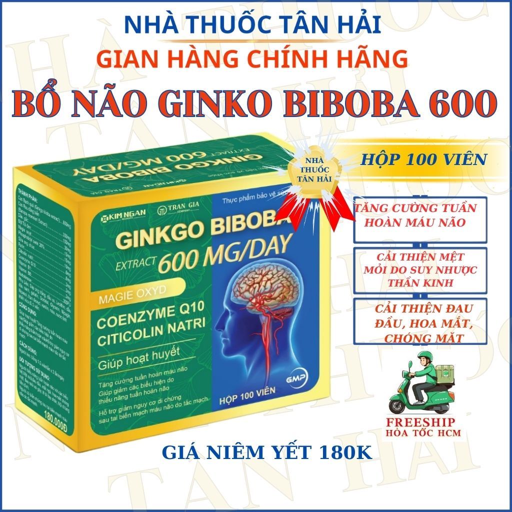 Viên uống bổ não GINKGO BIBOBA 600mg bổ sung dưỡng chất cho não giúp tăng cường tuần hoàn não giảm đ