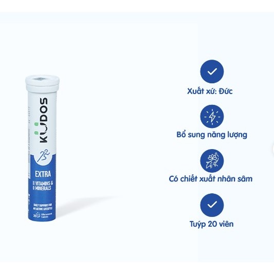 Viên sủi Kudos Extra High Dose Vitamins & Minerals bổ sung năng lượng cơ thể (Tuýp 20 viên)