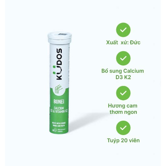Viên sủi KUDOS Bone bổ sung Calcium D3 K2 hỗ trợ chắc khỏe xương (Tuýp 20 viên)