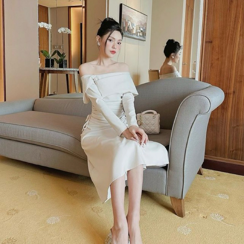 Váy Thiết Kế BIGSIZE, Đầm Nữ Dáng Dài Trễ Vai Nhún Eo Chống Nhăn Tôn Dáng Shi Shang | BigBuy360 - bigbuy360.vn