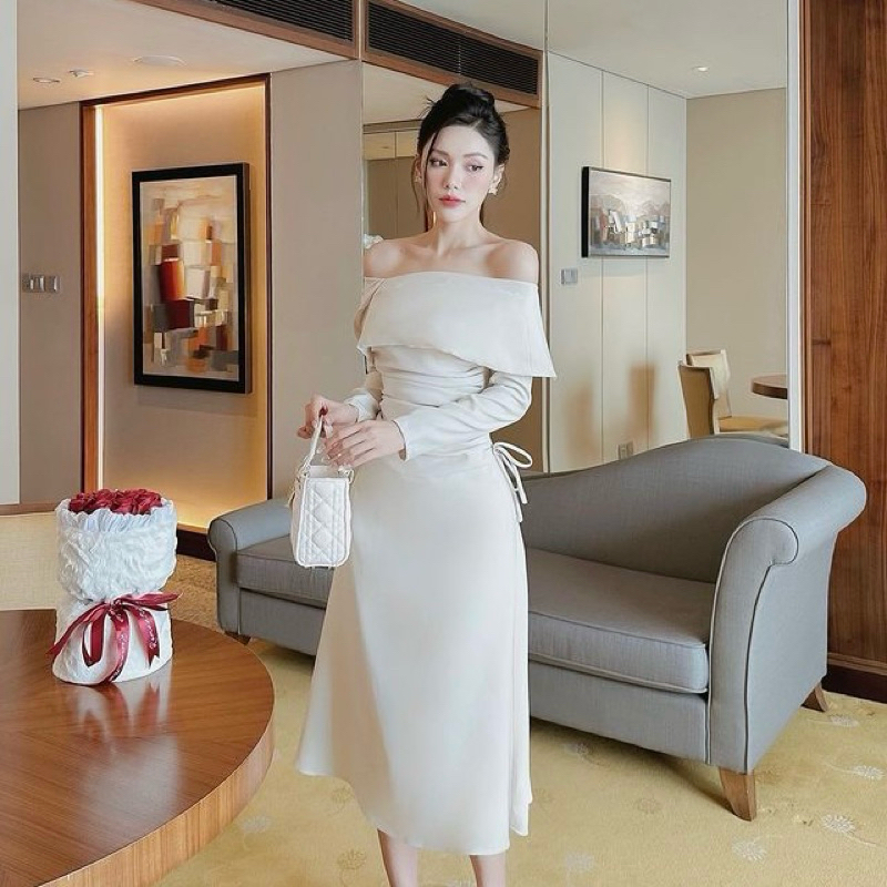 Váy Thiết Kế BIGSIZE, Đầm Nữ Dáng Dài Trễ Vai Nhún Eo Chống Nhăn Tôn Dáng Shi Shang | BigBuy360 - bigbuy360.vn