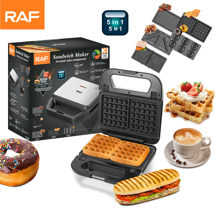 Máy nướng làm bánh đa năng 5 khuôn Waffle, Sandwich, Donut, Kẹp Bánh Mì Chính hãng RAF 800W