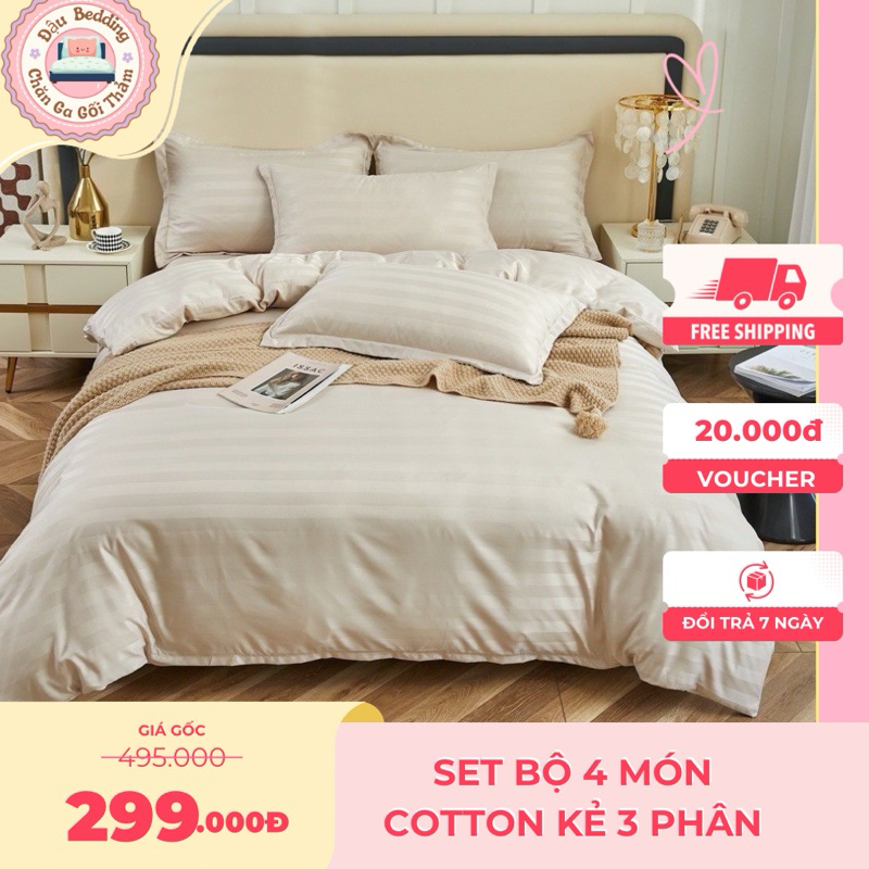 Cotton Kẻ 3f || Bộ 4 món Chăn Ga Gối Cotton Kẻ 3f Chuyên Dụng Dành Cho Khách Sạn