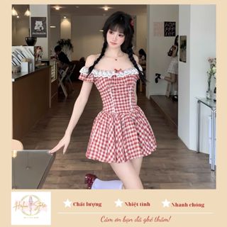 Váy Xòe Caro Đỏ Hoa Ngắn Tiểu Thư Tùng Phồng Phối Ren Baby Lolita HaLuuStore HH91