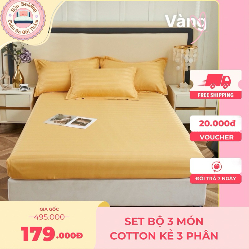 Cotton Kẻ 3f || Set Bộ 3 món Ga + 2 Vỏ Gối Cotton Kẻ 3f Chuyên Dụng Dành Cho Khách Sạn Đủ Size