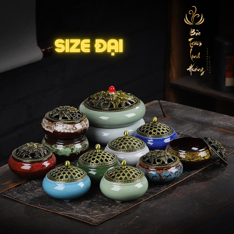 [ Kho Sỉ ] Lư Đốt Nhang Khoanh Trầm Hương , Xông Nụ Trầm Bằng Gốm Sứ Cao Cấp Hoa Văn Tinh Xảo