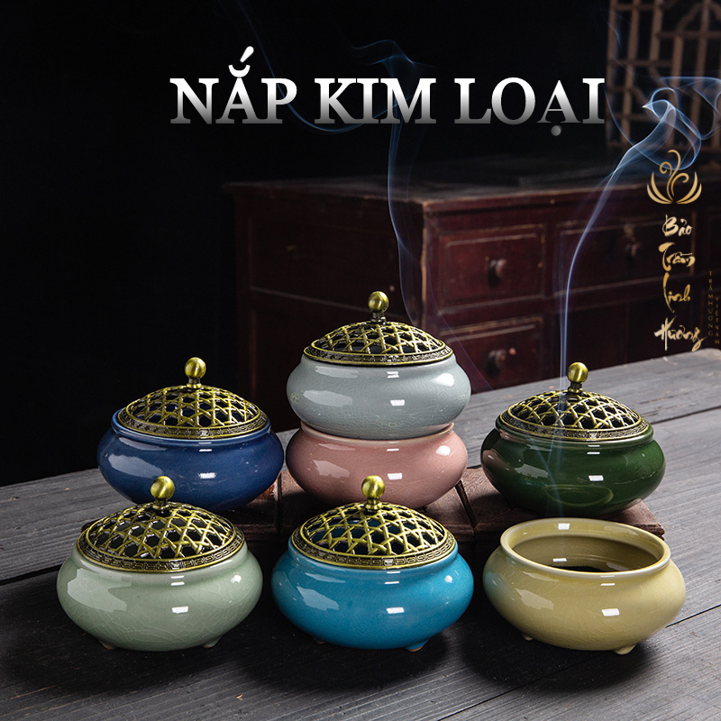 ( BÁN SỈ ) Lư Xông Nụ Trầm Hương HOÀNG ĐAN TEA Đốt Nhang Vòng Phong Thủy Đồ Thờ Cúng Gốm Sứ Vân Rạn