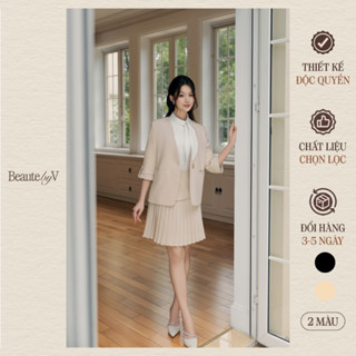 BEAUTEBYV - Set Áo blazer nữ không cổ tay nhún lửng Bruce, Chân váy xếp ly nửa đính cúc Eli