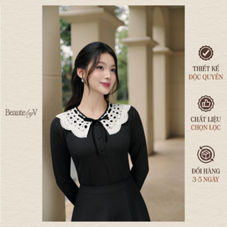 BEAUTEBYV - Áo len tăm nữ phối cổ ren đính nơ nhung cách điệu Velvet