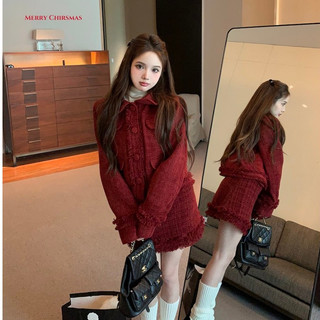   Sẵn  Sét dạ tweed đỏ nữ áo khoác dạ tweed kết hợp chân váy dáng ngắn chữ A dày dặn cao cấp l1 video+ảnh chính chủ  