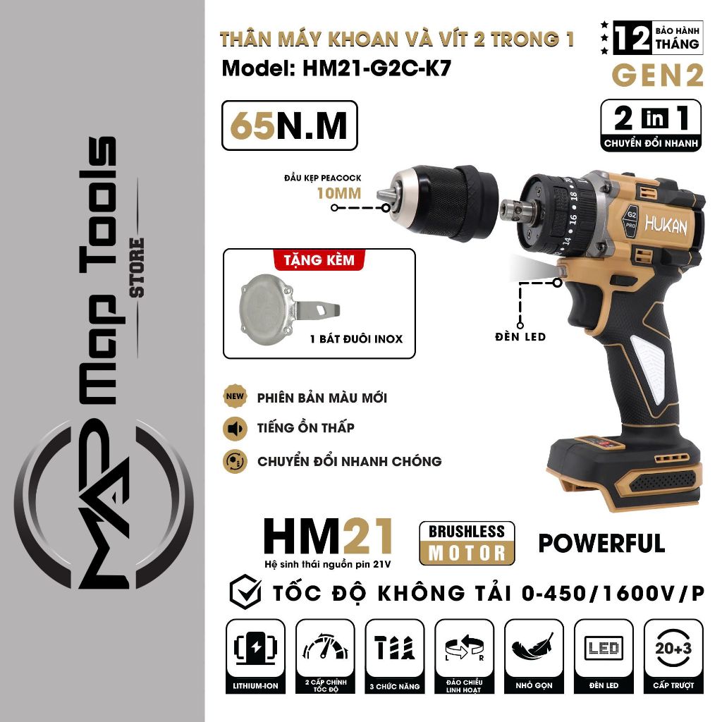 Máy Khoan Pin Kèm Bắn Vít HUKAN HM21-G2C-K7, Không Chổi Than, 3 Chức Năng, 10mm, Đầu kẹp Peacock