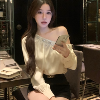   sẵn  Áo voan nữ lệch vai đính đá dài tay form vừa phải hàng loại 1 