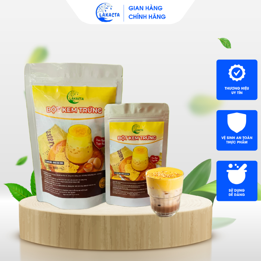 Bột kem trứng LAKACTA sánh mịn, béo ngậy, mùi trứng sữa thơm ngon dễ làm, nhanh gọn, tiện lợi