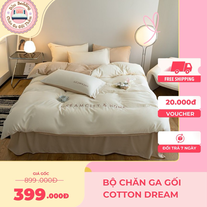 Cotton Linen || Bộ 4 Món Chăn Ga Gối Cotton Linen Thêu DreamCity Phong Cách Hiện Đại