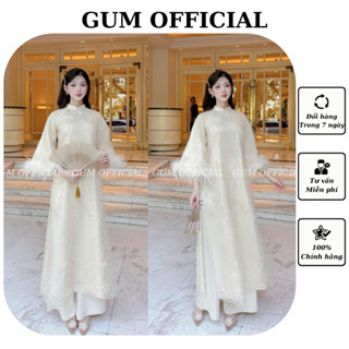 Áo dài cách tân Mỹ Nhân (áo+quần) chất tơ thêu nổi phối tay lông vũ Gum Official, Áo Dài Cách Tân Phối Lông Vũ Màu Kem