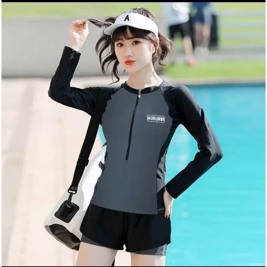 Đồ bơi nữ Hàn Quốc bikini kín đáo áo tay dài đen phối xám có khóa kéo quần đùi ngắn 2 lớp The Sea 051 | BigBuy360 - bigbuy360.vn