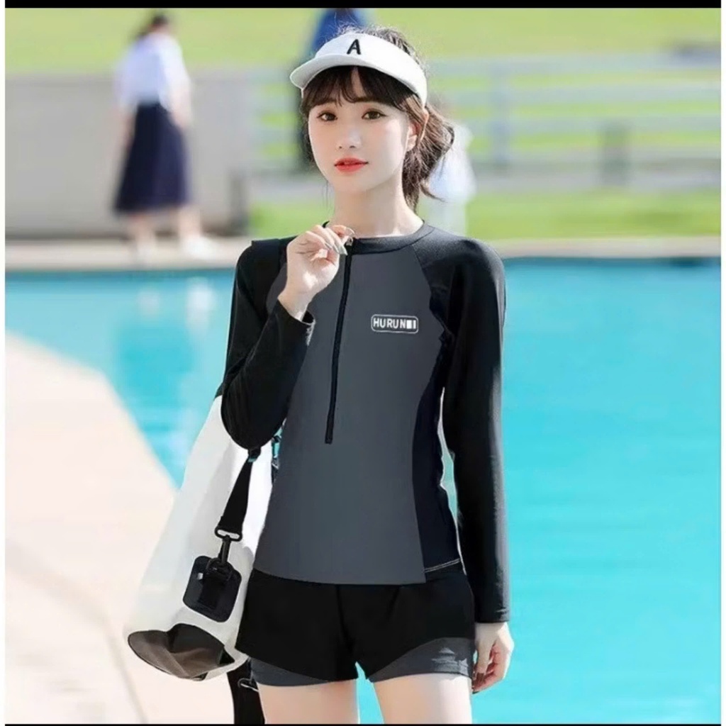 Đồ bơi nữ Hàn Quốc bikini kín đáo áo tay dài đen phối xám có khóa kéo quần đùi ngắn 2 lớp The Sea 051 | BigBuy360 - bigbuy360.vn
