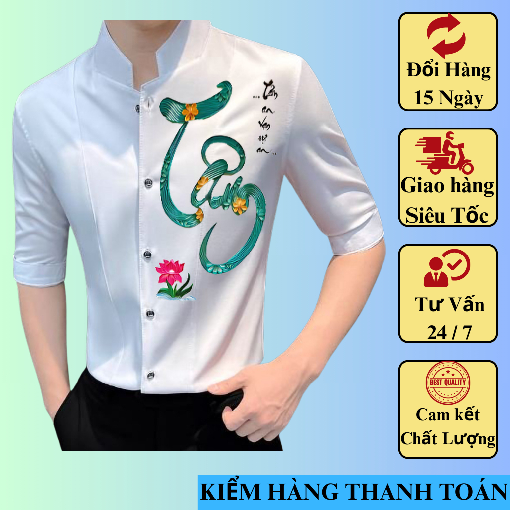 Áo Sơ Mi Nam Cổ Tàu Họa Tiết Thư Pháp Phong Cách Á Đông Lịch Lãm Phù Hợp Đi Chùa Hội Hè H96