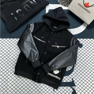 Áo Khoác Dạ Icon Phối Tay Da Logo Thêu Chất Dạ Cao Cấp Mũ Trùm Đầu Túi Khóa - Áo Khoác Bomber Icon Nam Nữ Phong Cách Hot