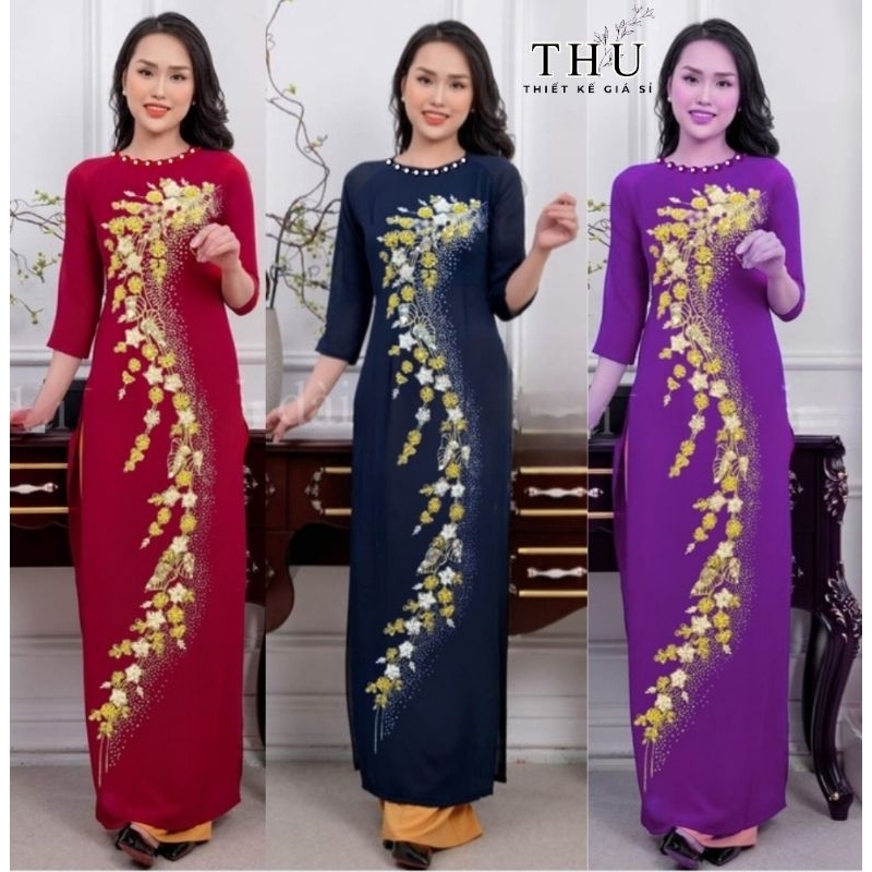 Áo dài trung niên cho mẹ mặc sui chất liệu lụa mỹ cao cấp kết đá vẽ nhũ thủ công(không kèm quần)