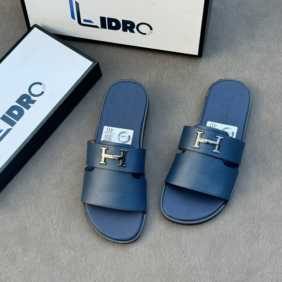 Dép nam LLIDRO chính hãng . Dép HM quai ngang đen xám mặt da cao cấp đế chống trơn size 38->43 HXANH