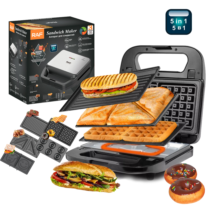 Máy kẹp nướng bánh mì, máy làm bánh kẹp waffle donut 5 khuôn trong 1 RAF 800W Có Thay Khuôn [BH 12 Tháng]