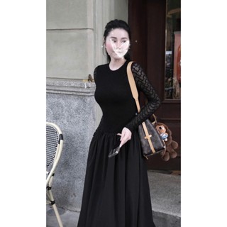 Đầm nữ mùa thu DEMAY, thiết kế dài tay phối ren dáng xòe dài thướt tha