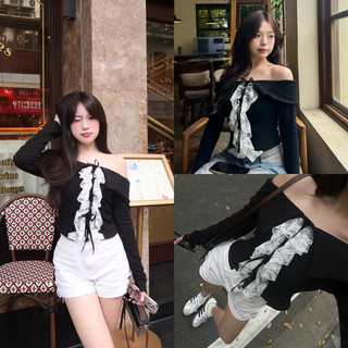  Cara Top - Áo len tăm trễ vai ren croptop bazizcloset 