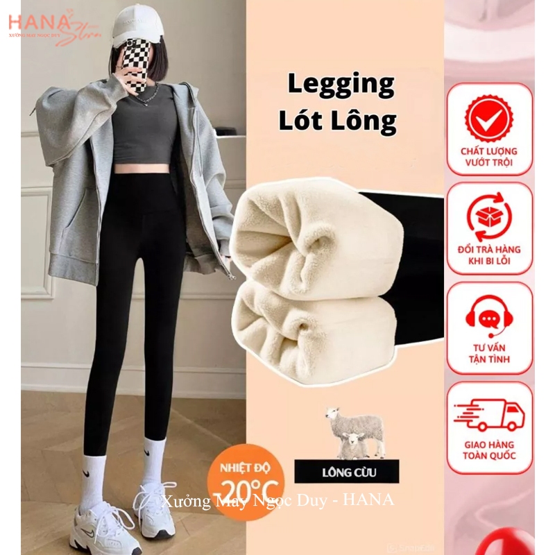 QUẦN LEGGING NỈ LÓT LÔNG nữ ấm mùa đông cạp cao co giãn có túi dáng ôm - Quần nỉ lót lông cừu cute t