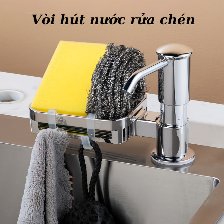 Bộ vòi hút nước rửa chén, Vòi bơm nước rửa chén kèm kệ để đồ, tự bơm hút dầu với ống dẫn silicon dài 1,2m