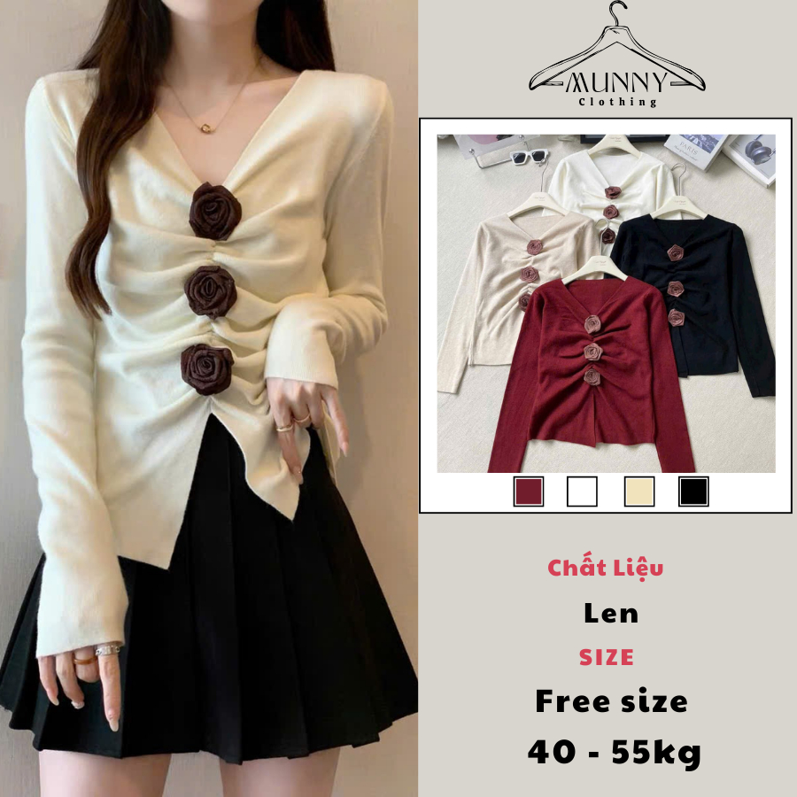 Áo len nữ cardigan mỏng thiết kế đính hoa MUNNY CLOTHING áo phối cúc hoa dài tay sang chảnh 320
