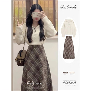   HÀNG SẴN  Chân váy dạ MORAN kẻ sọc ô màu nâu vintage xòe dài điệu đà thu đông Hàn Quốc -CV333 