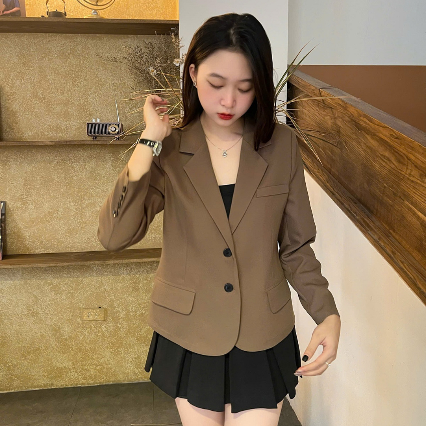 Áo khoác vest blazer nữ dài tay , Áo blazer nữ dáng lửng trơn dáng lửng