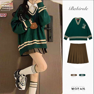   HÀNG SẴN  Áo len MORAN cổ V phối viền trắng style nữ sinh Hàn Quốc màu xanh lá đậm ALX89 