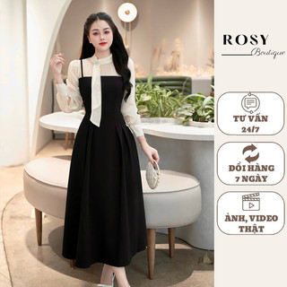 Váy thiết kế Rosy dáng dài Váy phối tơ, cổ nơ dáng xoè che khuyết điểm V44