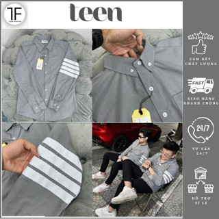 Áo Sơ Mi Nam Nữ Kẻ Sọc Màu Xám Viền Tay 4 Dải Trắng, Sơ Mi Boy Phố Dài Tay Vải Cotton Lụa Cao Cấp