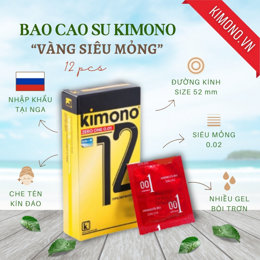 Bao cao su Kimono siêu mỏng 0.02 màu vàng Gold chứa vitamin B cấp ẩm bôi trơn, Hộp 3&12 bcs