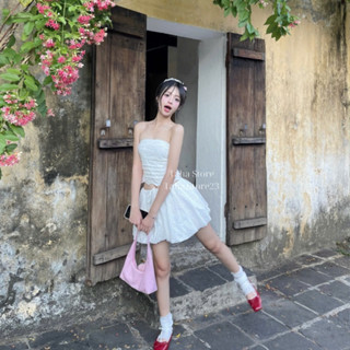 Set áo croptop bo chun kiểu kèm chân váy ngắn dáng xoè , set váy dáng bí phồng mix áo ống cúp ngực trắng siêu xinh