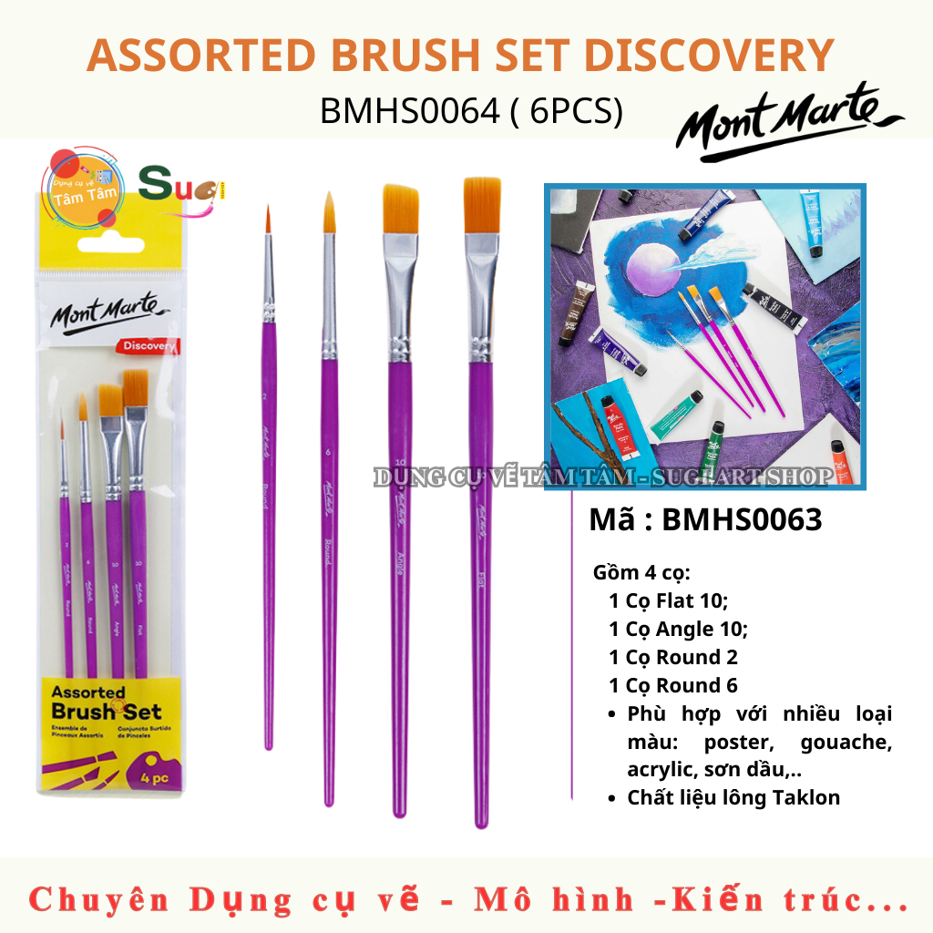 [ SUGI ART SHOP ] Bộ cọ vẽ Mont Marte - BMHS0063 - Bộ 4 cây cọ vẽ màu dàu, màu nước, màu Acrylic