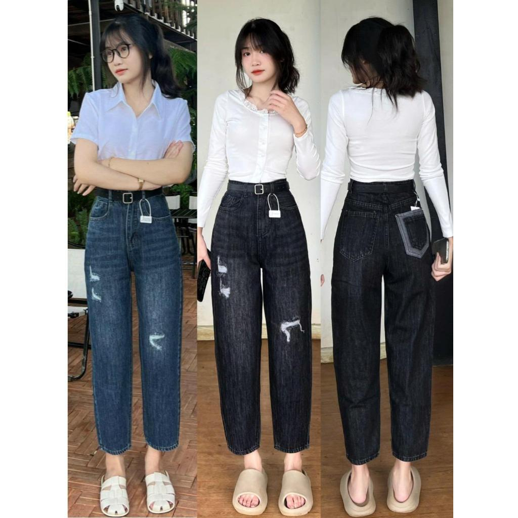 Quần Jean Baggy Lưng Cao Rách Nhẹ Túi Sau Viền Độc Đáo, mã212 Nữ Pants Women