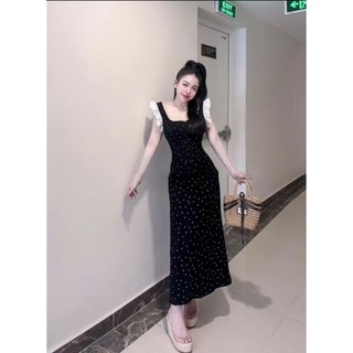 Đầm Body Nữ Cánh Tiên Chấm Bi Cổ Vuông , Váy Maxi Nữ Nơ Ngực Dáng Dài
