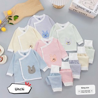 BD36. Bộ quần áo sơ sinh thu đông cạp cao Unchi , vải nỉ dầy vừa màu pastel cho bé sơ sinh từ 3-9kg