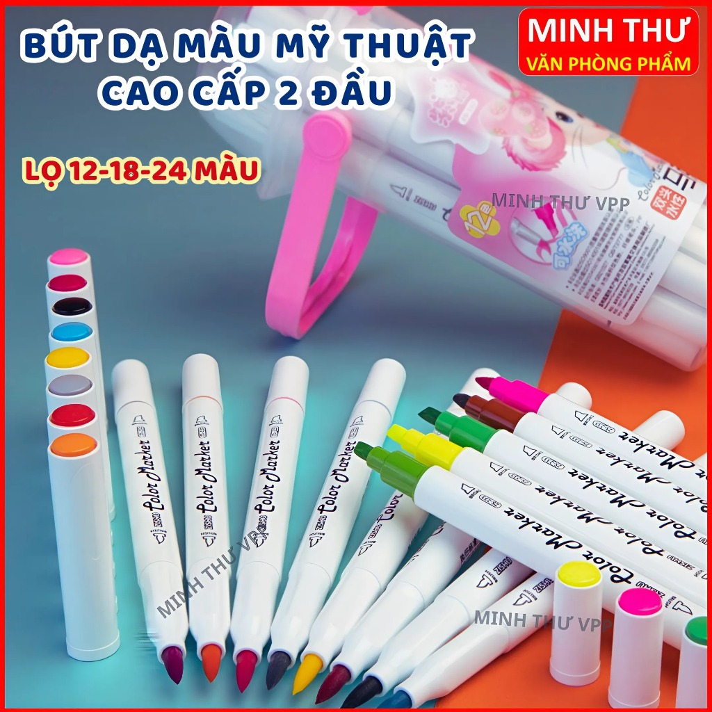 Bộ bút màu marker 2 đầu  24  màu, bút dạ màu marker nhiều màu, họa cụ tô màu dạ vẽ tranh trang trí