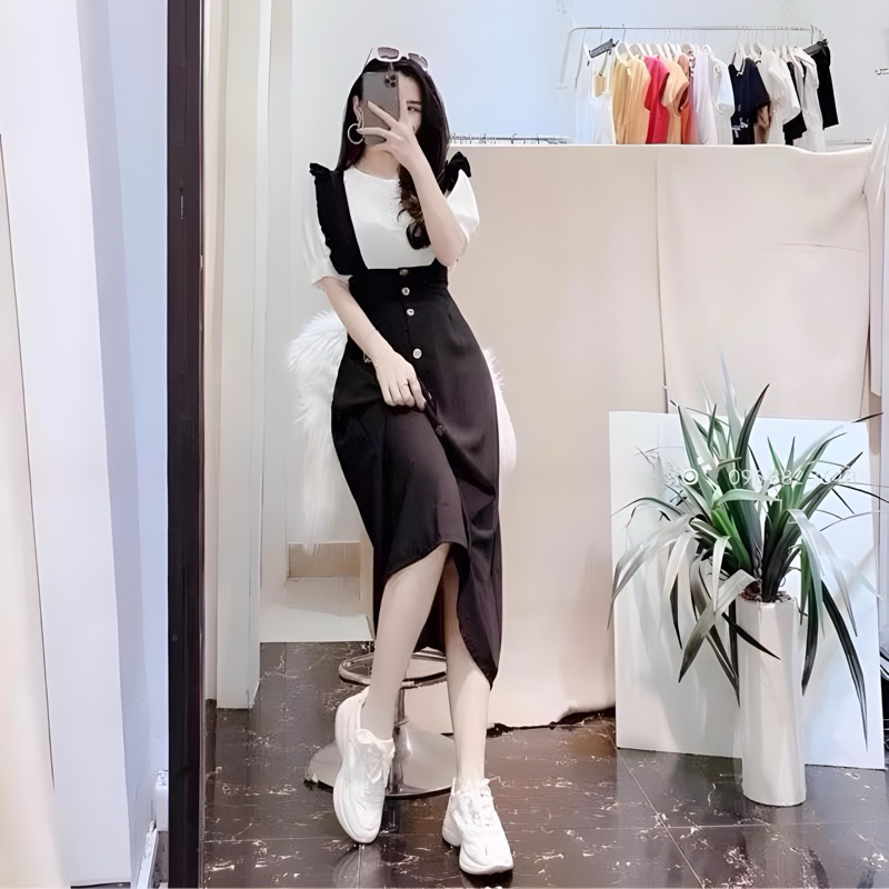 (Có bigsize) Set áo trắng kèm yếm dài phủ gối mặc đi chơi, đi tiệc năng động trẻ trung