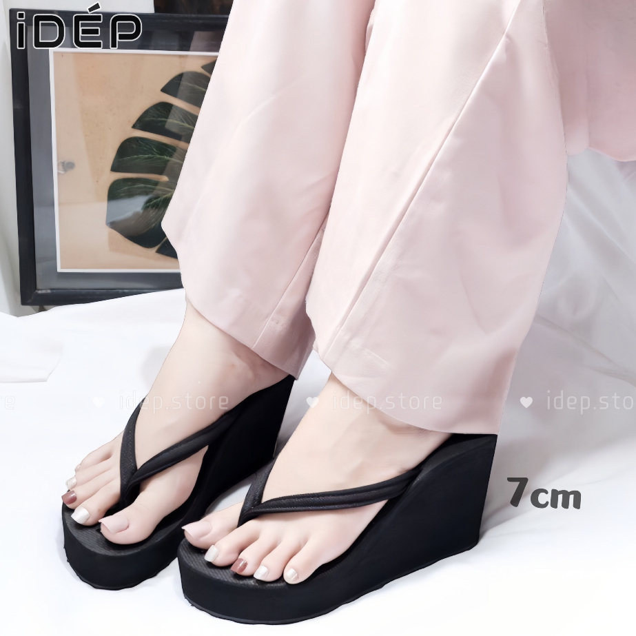 Dép kẹp tông nữ xỏ ngón đế xuồng cao 7cm bebe quai mảnh đúc xốp siêu nhẹ đi biển mùa hè iDÉP DL097