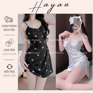 HT54 Váy ngủ sexy cổ yếm hoa tiết bướm kèm ĐỆM LÓT, đồ ngủ lụa xoè nhẹ tôn dáng HT54