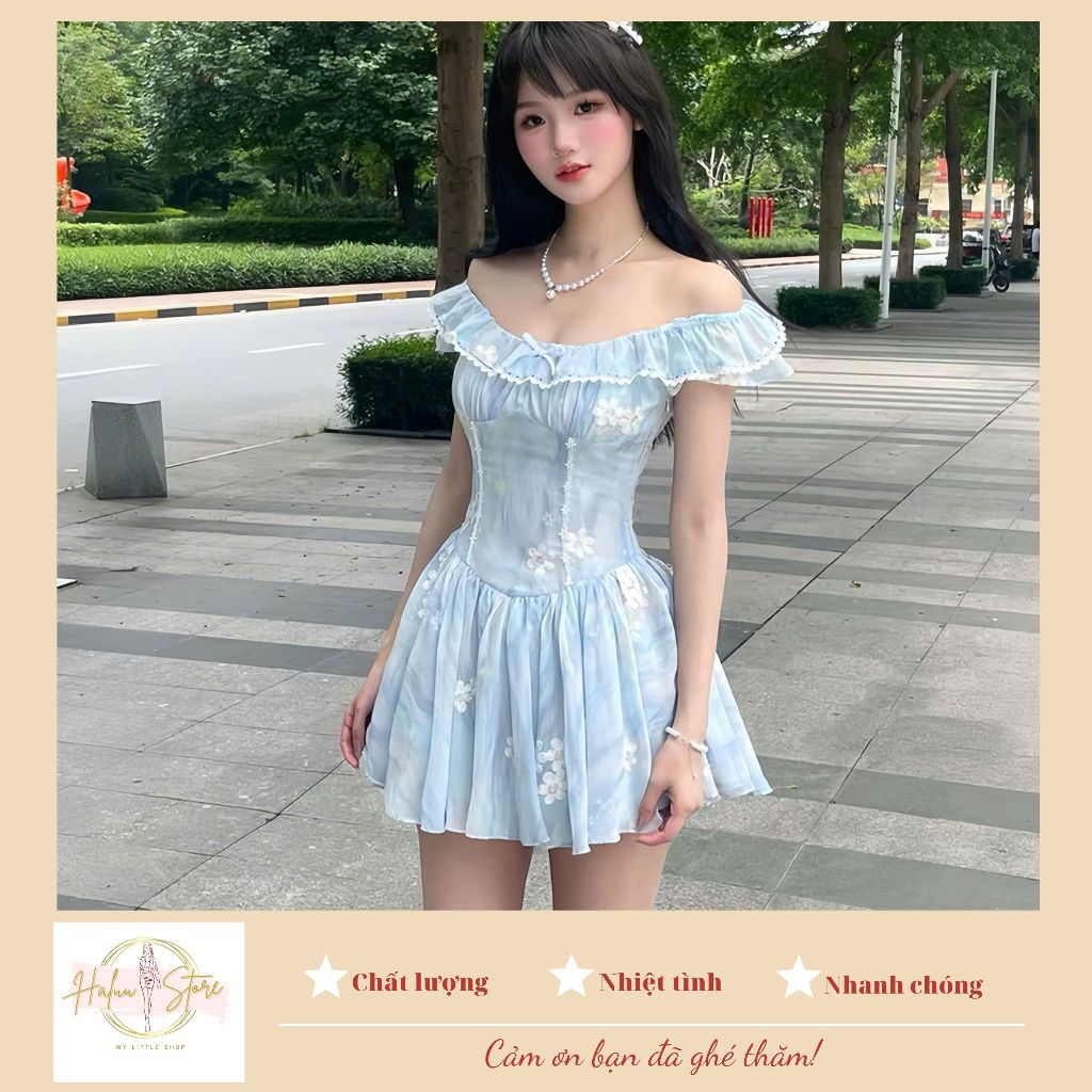 Váy Xoè Trễ Vai Dáng Ngắn Tơ Thêu Hoa Nổi BaBy HH87 Haluu Store