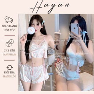 HT84 Bộ ngủ sexy croptop dây rút v1 kèm ĐỆM LÓT sang chảnh,set đồ ngủ lụa 2s gợi cảm dễ thương HT84