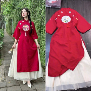  Set áo dài cách tân thời trang nữ mặc đi chơi chụp hình ngày lễ tết chất vải đũi phối chân váy tơ 2 lớp 