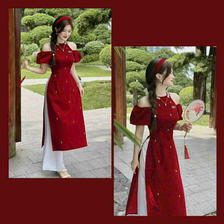 Set áo dài cách tân thời trang nữ mặc đi chơi chụp hình đẹp chất vải nhung cứng cổ yếm đính đá phối quần lụa dài